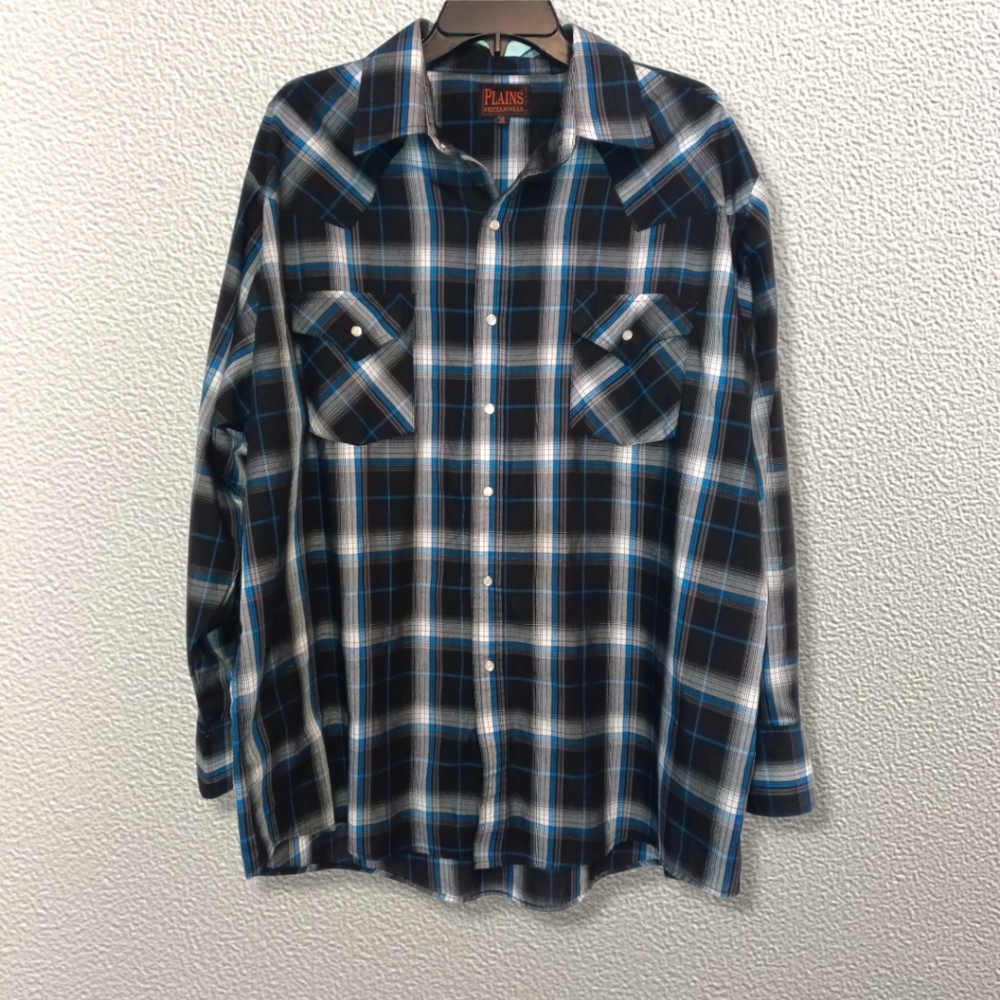 Blue & Black Plaid Pearl Snap Button Down Sz Xl (Unisex)